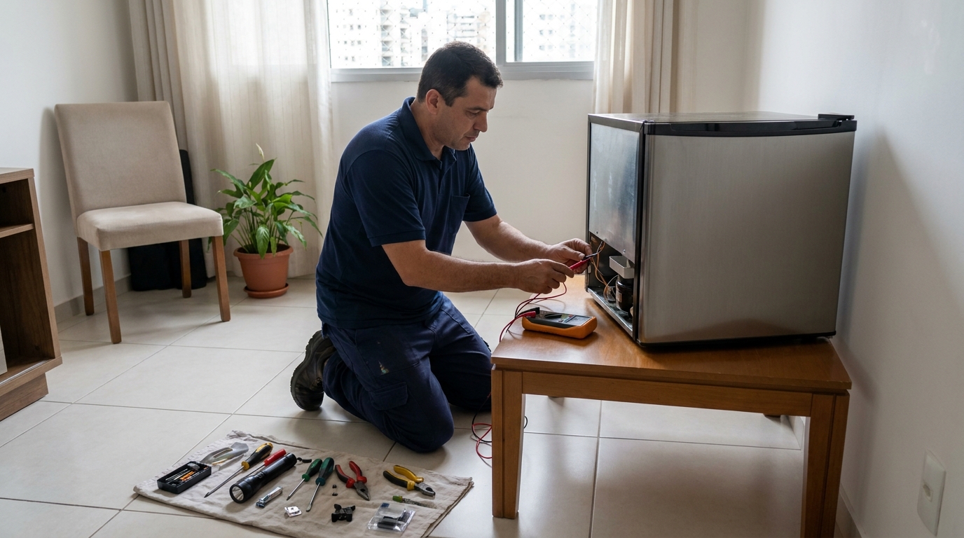 Técnico realizando manutenção de motor de frigobar em Palmas‑TO